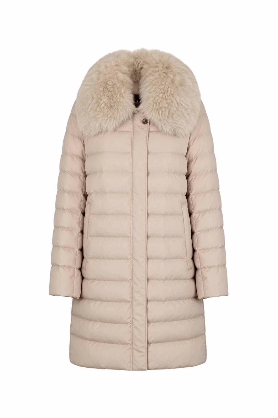 NEW MOORER women's fur collar mid length down coat in beige